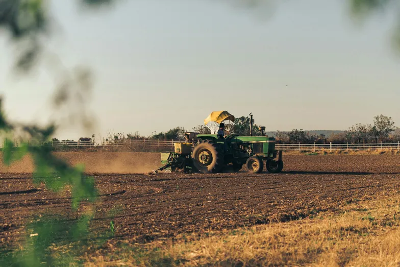 Trator arando a terra em uma plantação ao entardecer